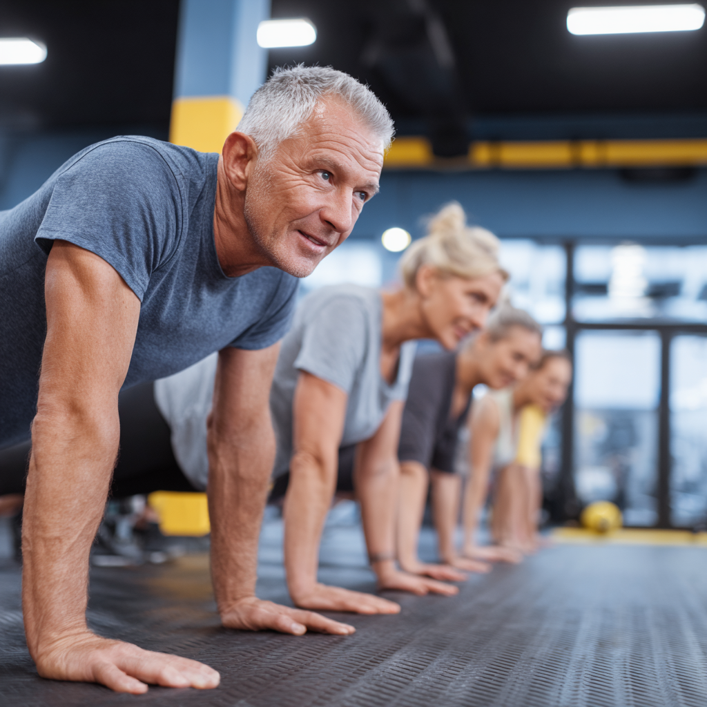 Happy Polish adults of different ages performing mobility and strength exercises in a group setting