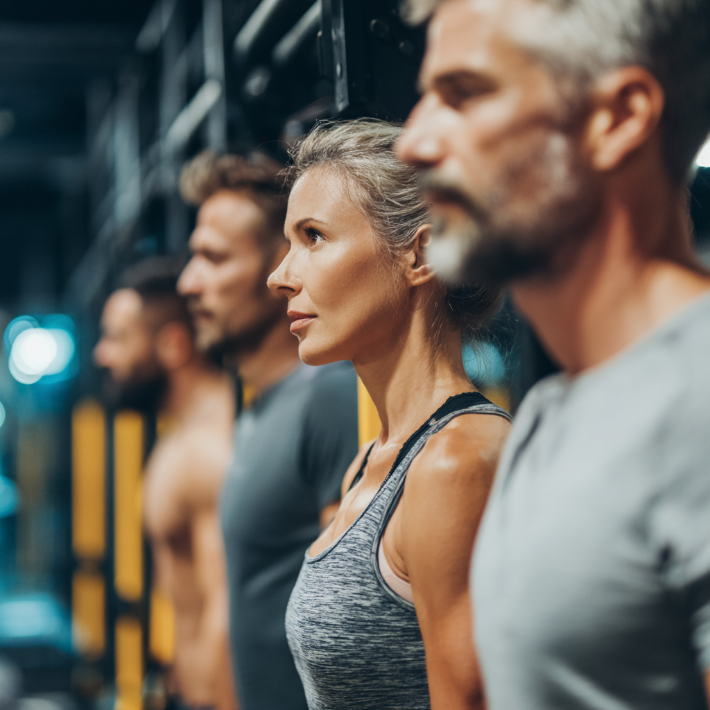 Group of smiling Polish adults of various ages showcasing their improved fitness and health after training